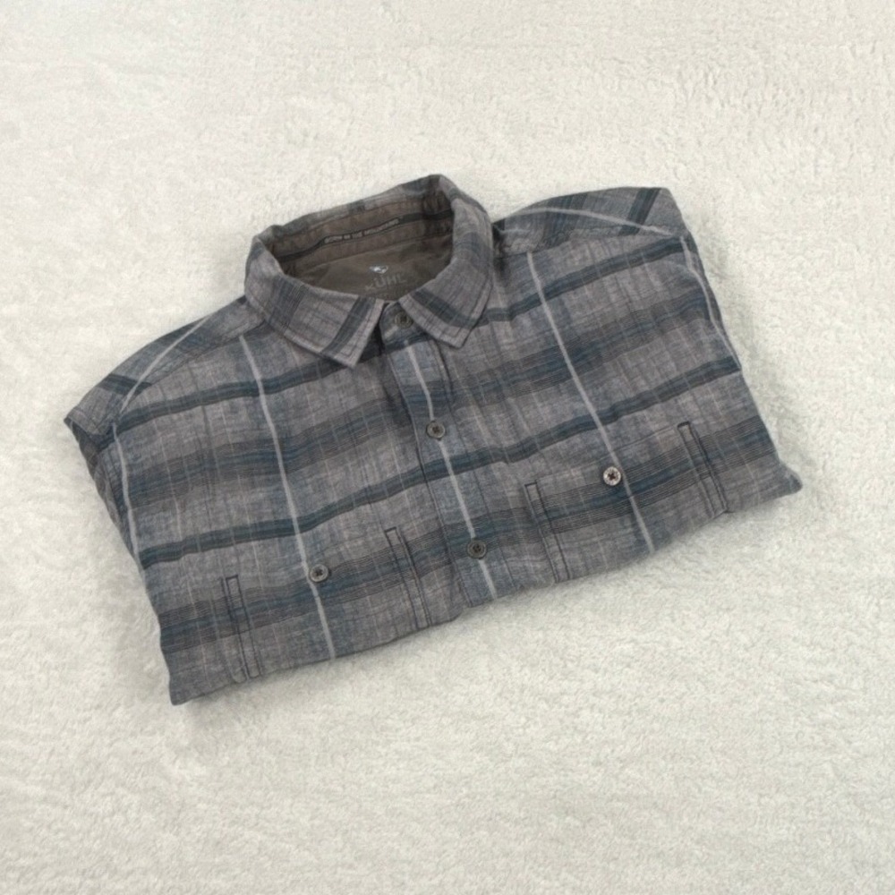 Kuhl Skorpio Shirt Mens M Gray Blue Plaid Linen Cotton Short Sleeve 7218